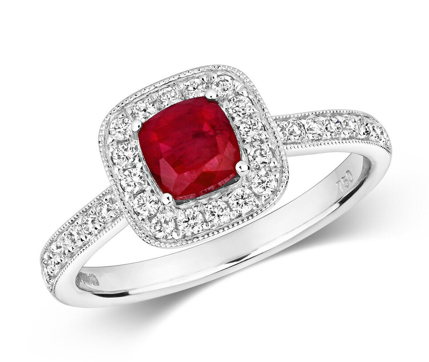 Real Ruby and Diamond Ring 18ct White Gold Square Cushion Halo Engagement