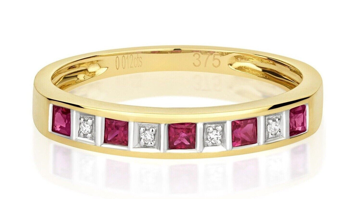 Real Ruby and Diamond Eternity Ring Solid Yellow Gold Square Anniversary Band