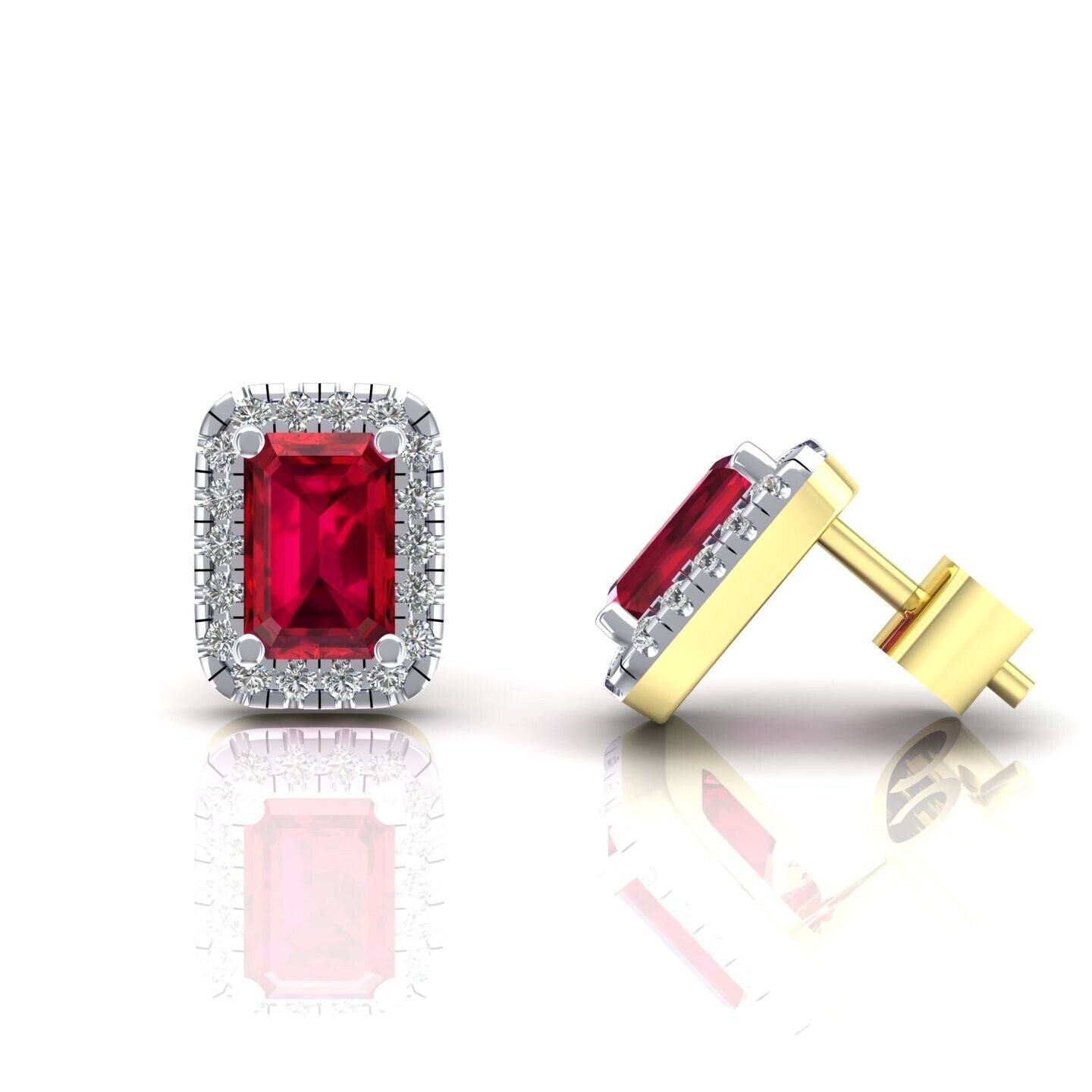 9ct Yellow Gold Ruby Cluster Stud Earrings Emerald Cut Studs Hallmarked