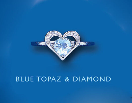 Blue Topaz and Diamond Ring Heart Solid Sterling Silver Ladies