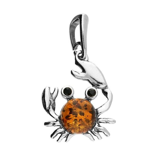 Cognac Amber Cute Crab Pendant and Chain Solid Sterling Silver 925