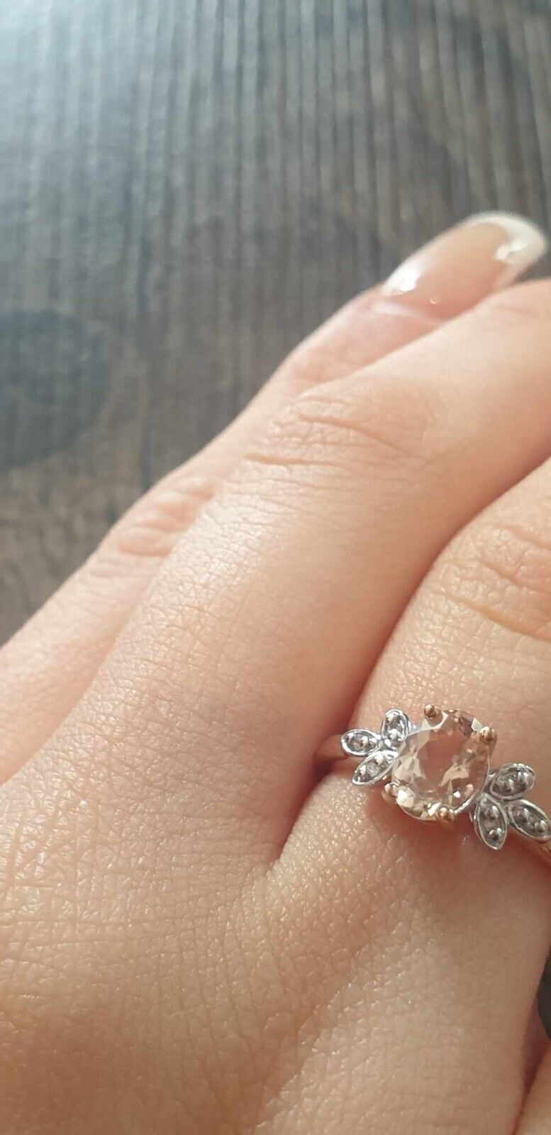 Real Morganite and Diamond Ring Leaf Design Shoulders 9ct Rose Gold Size J - Q