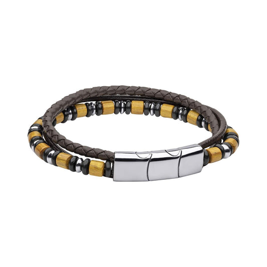 Fred Bennett Multi Layered Leather Bracelet with Wood and Black Onyx Beads 23cm