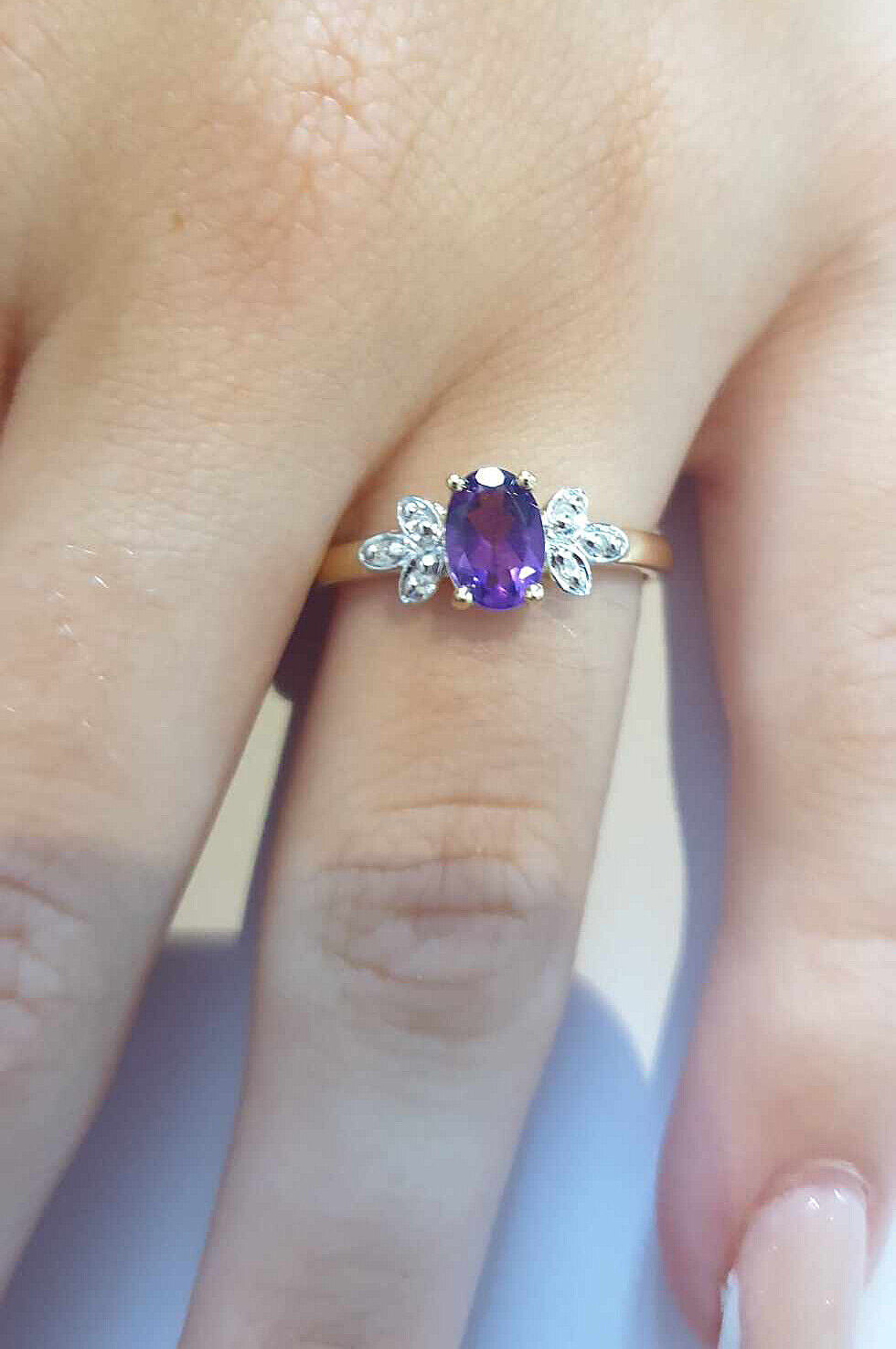 Real Amethyst and Diamond Ring Leaf Design Shoulders 9ct Yellow Gold Size J - Q