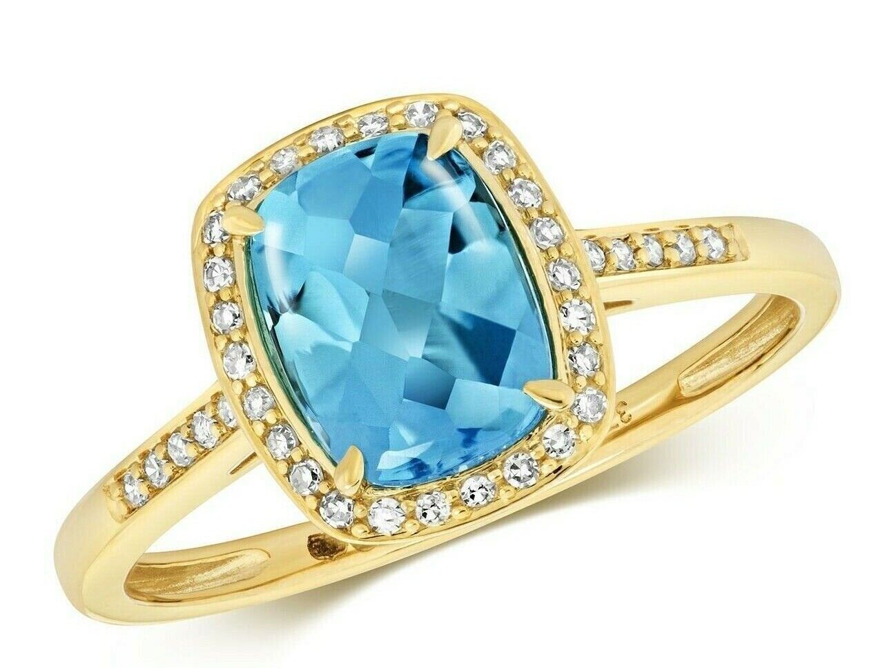 9ct Yellow Gold Swiss Blue Topaz and Diamond Ring Cushion Cluster Size JKLMNOPQ