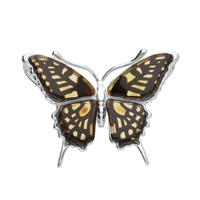 Real Amber Butterfly Pendant and Chain Solid Sterling Silver 925