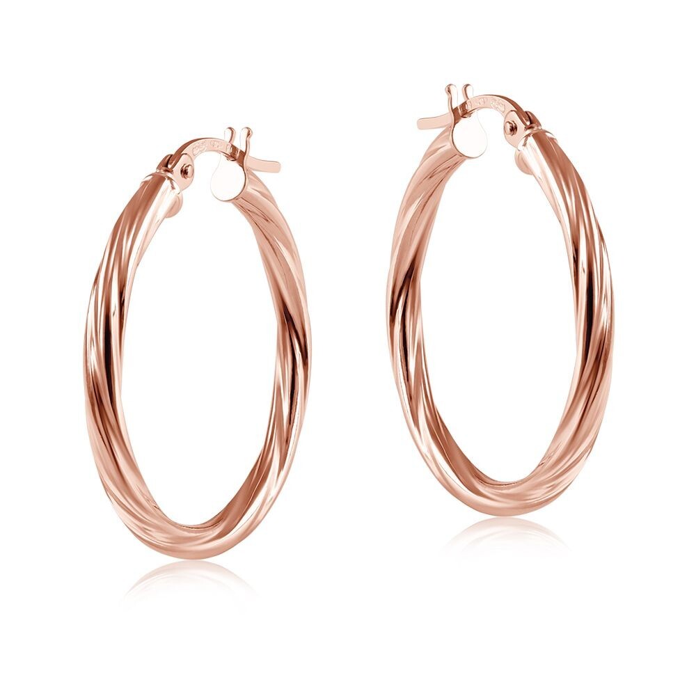 Rose Gold 25mm Twist Hoop Earrings Round Tubular Hoops Hallmarked