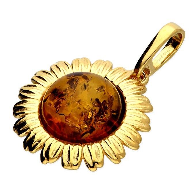 Cognac Baltic Amber Sunflower Pendant 18ct Yellow Gold on 925 Sterling Silver
