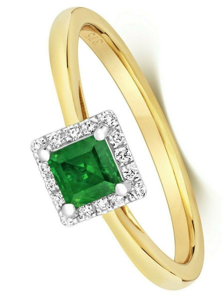 Real Emerald and Diamond Ring 9ct Yellow Gold Square Cluster Engagement