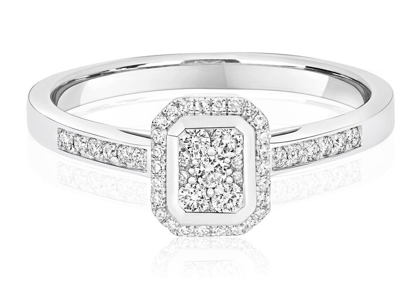Real Diamond Halo Cluster Ring 9ct White Gold Engagement Rectangular 0.25ctw