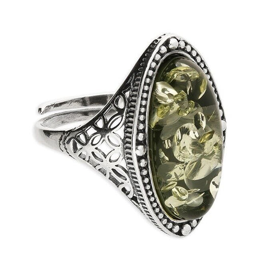 Large Adjustable Vintage Oval Green Amber Ring Solid Sterling Silver 925