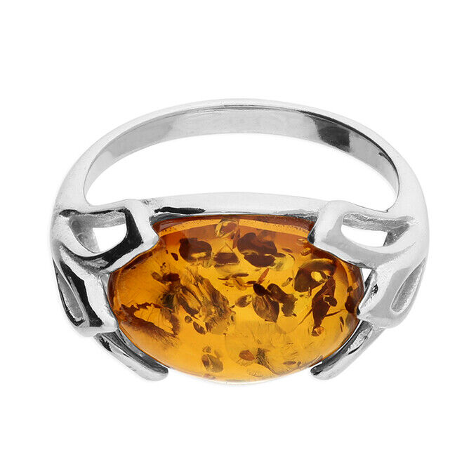Oval Cognac Amber Sunflower Ring Solid Sterling Silver 925 Brand New