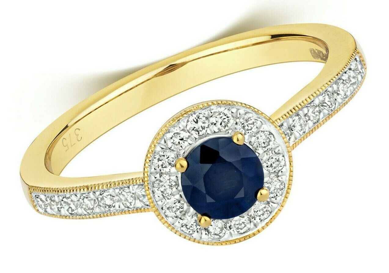 Real Sapphire and Diamond Ring 9ct Yellow Gold Round Cluster Halo Engagement