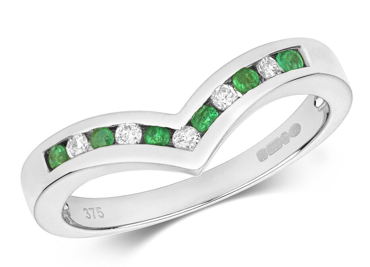 Real Emerald and Diamond Wishbone Ring Solid White Gold Eternity Anniversary