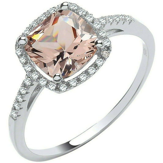 Morganite Cushion Halo Ring Sterling Silver 925 Hallmark Rhodium Finish British