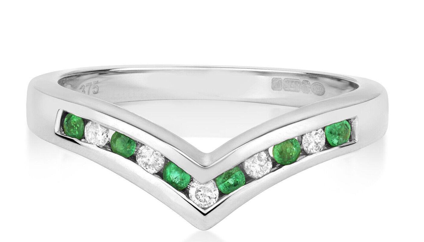 Real Emerald and Diamond Wishbone Ring Solid White Gold Eternity Anniversary