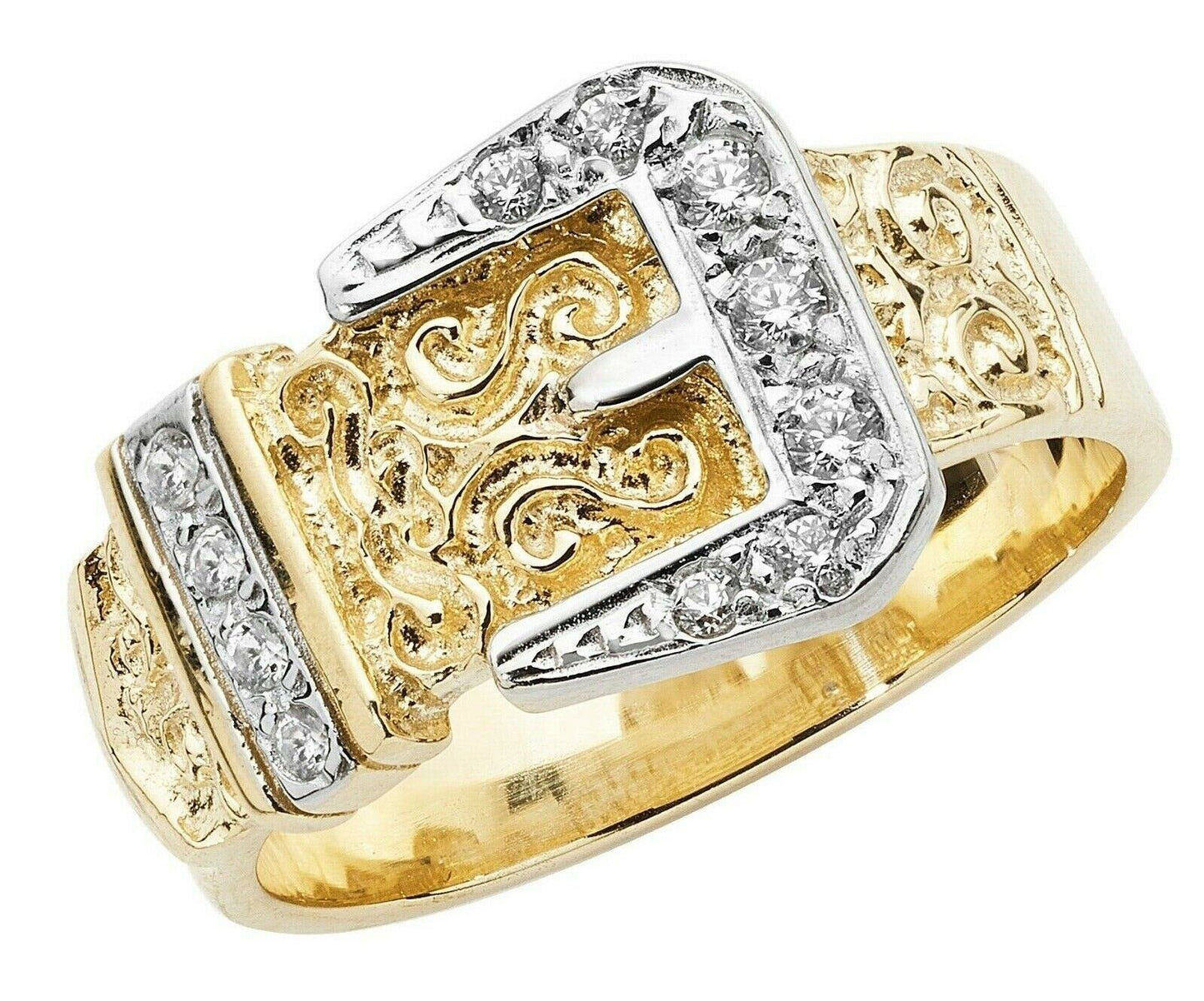 9ct yellow Gold Gents Buckle Ring Gemstone Band Fully Hallmarked