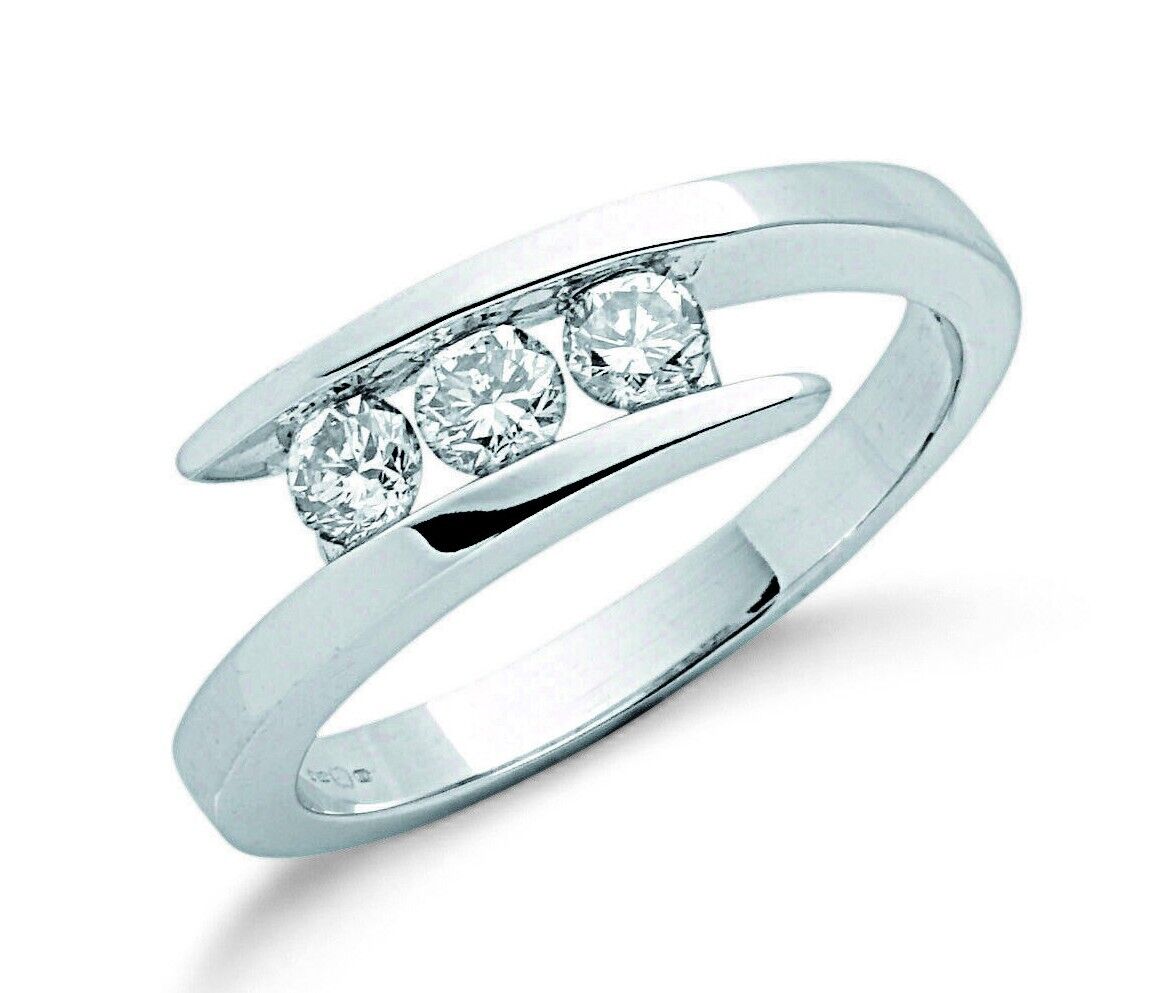 Real Diamond Trilogy Twist Ring Three Stone 9ct White Gold 0.50 Carat Weight