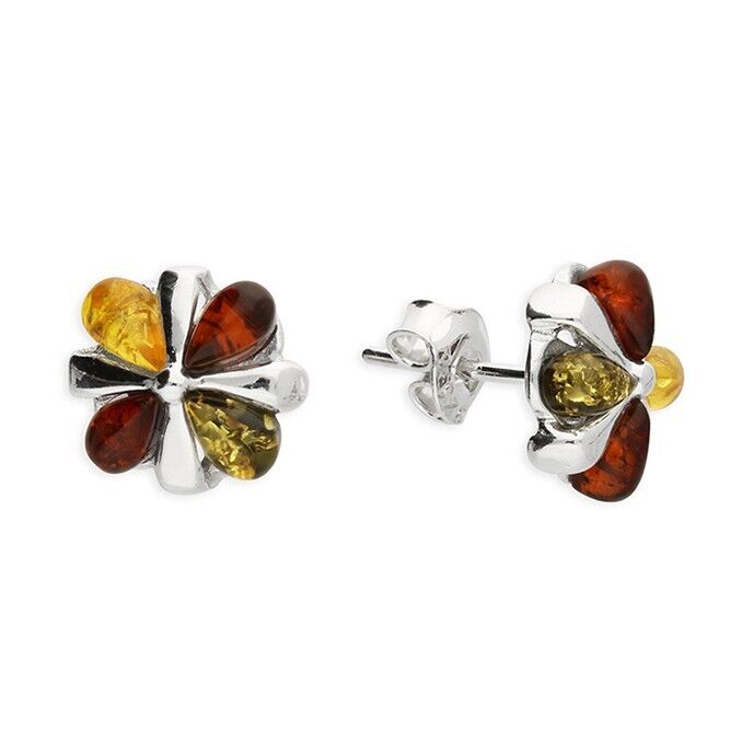Mixed Amber Flower Stud Earrings Solid Sterling Silver 925