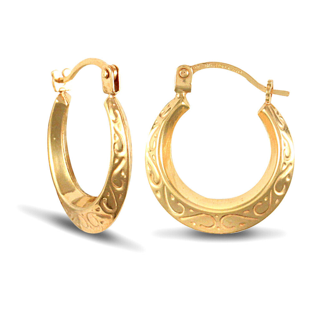 9ct Yellow Gold Engraved Creole Style Earrings 14mm British made Hallmarked