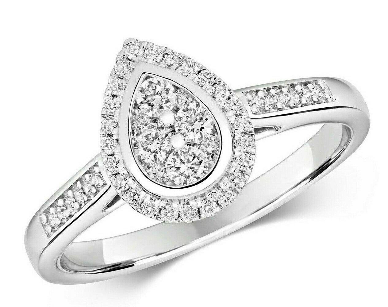 Real Diamond Halo Engagement Ring 9ct White Gold Pear Cluster 0.33 Carat Weight