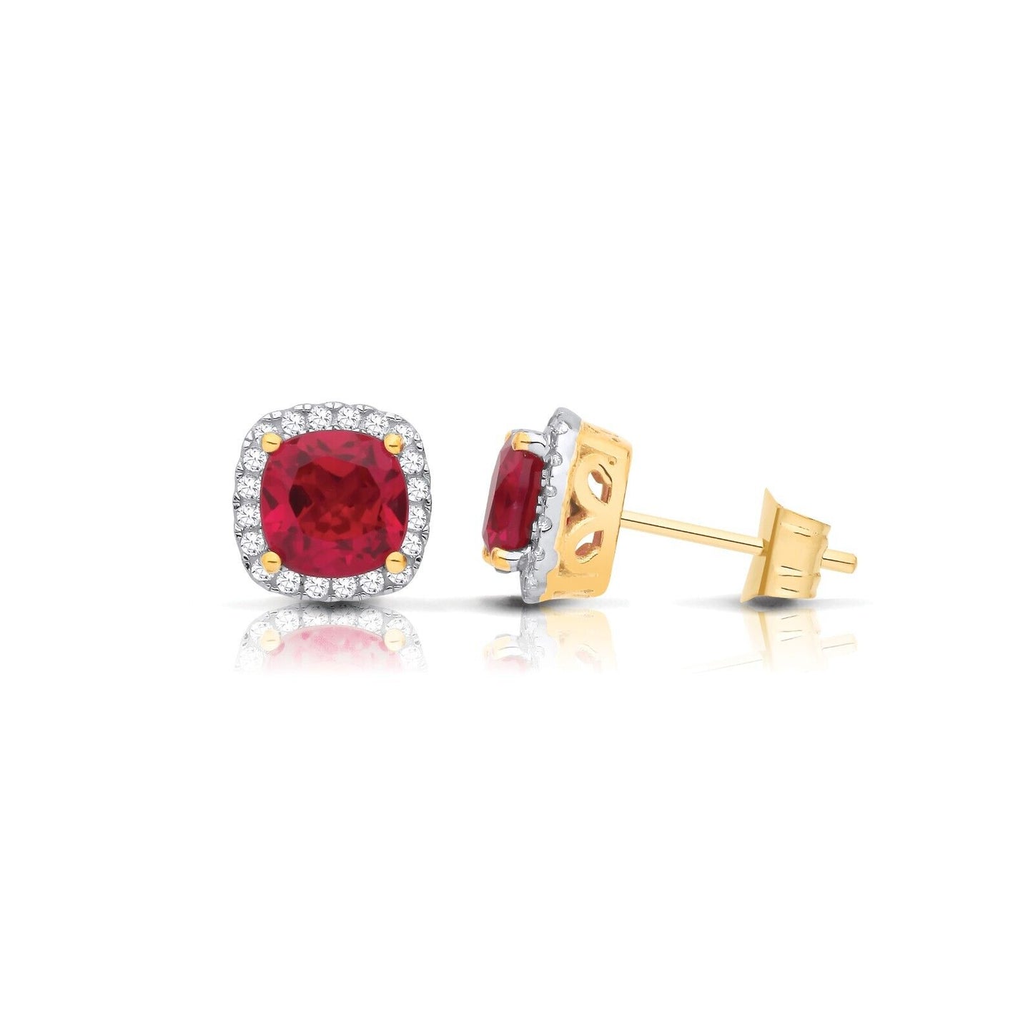 Ruby Cushion Cluster Stud Earrings Solid 9ct Yellow Gold Hallmarked