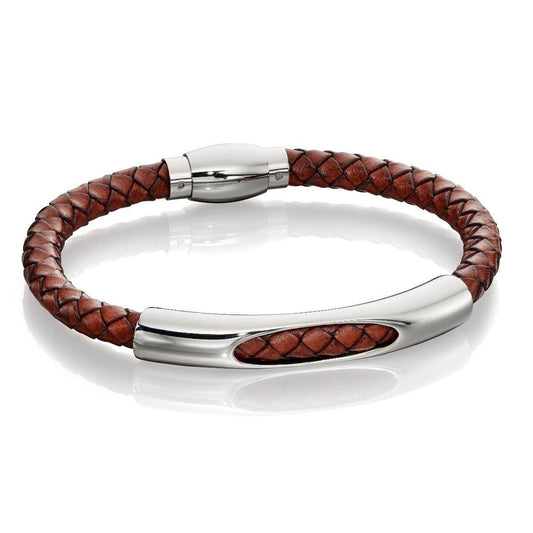 Fred Bennett Woven Brown Leather and Stainless Steel Section Bracelet 21cm B5280