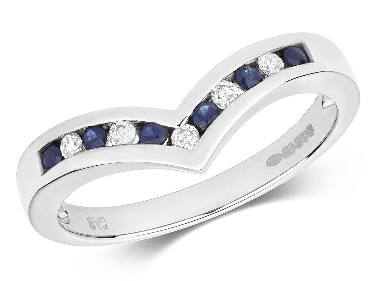 Sapphire and Diamond Wishbone Ring Solid White Gold Eternity Band Size J - Q