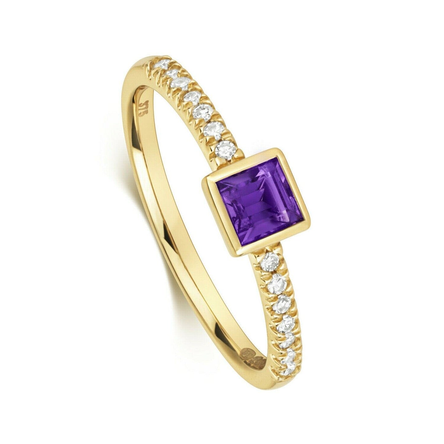 9ct Yellow Gold Amethyst and Diamond Ring Square Solitaire Engagement Size J - Q