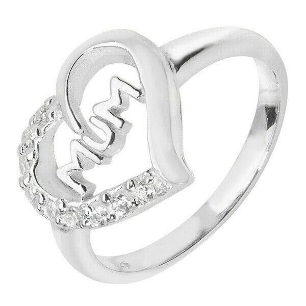 Silver Heart Mum Ring 925 Hallmarked Rhodium Finish Size J - R British Made