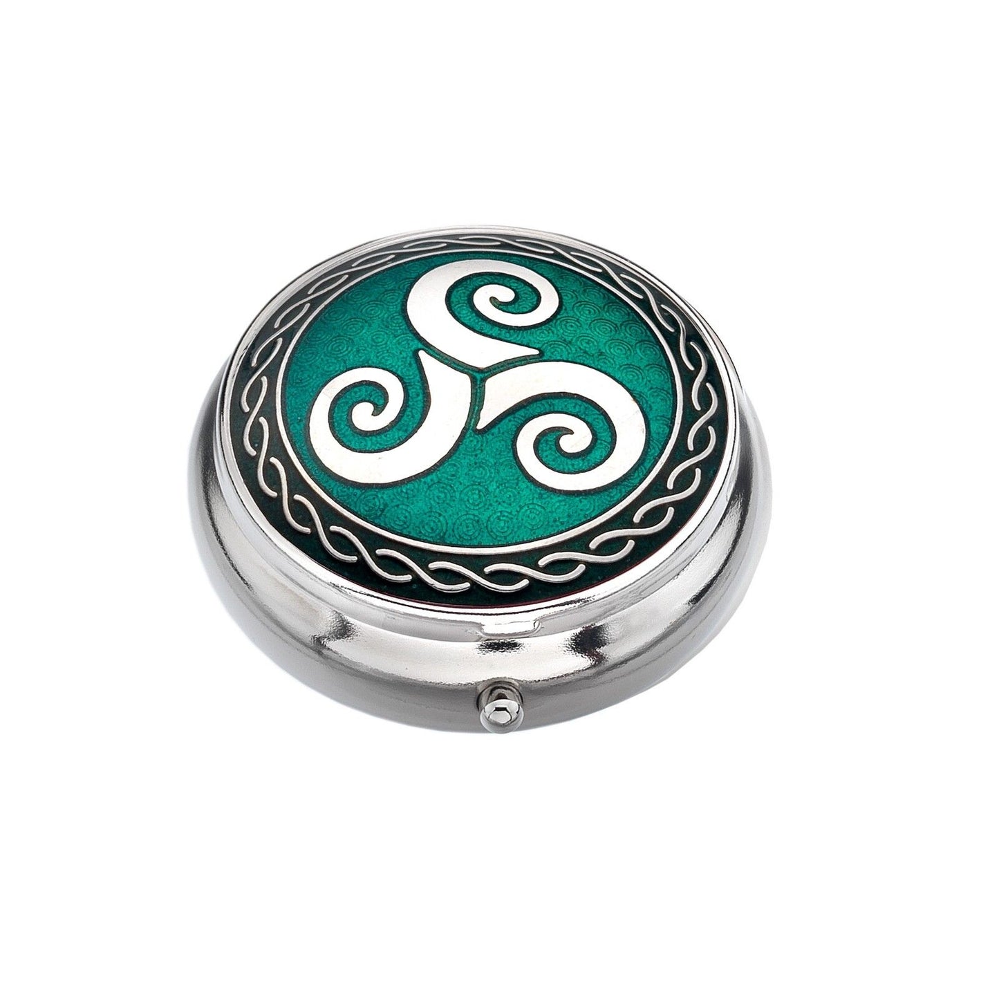 Pillbox Silver Plated Celtic Triskele Green Brand New and Boxed