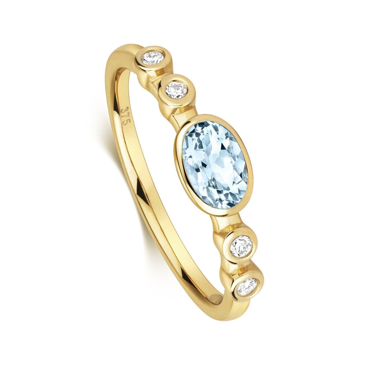 Real Aquamarine Oval Solitaire and Diamond Ring Solid Yellow Gold Size J - Q