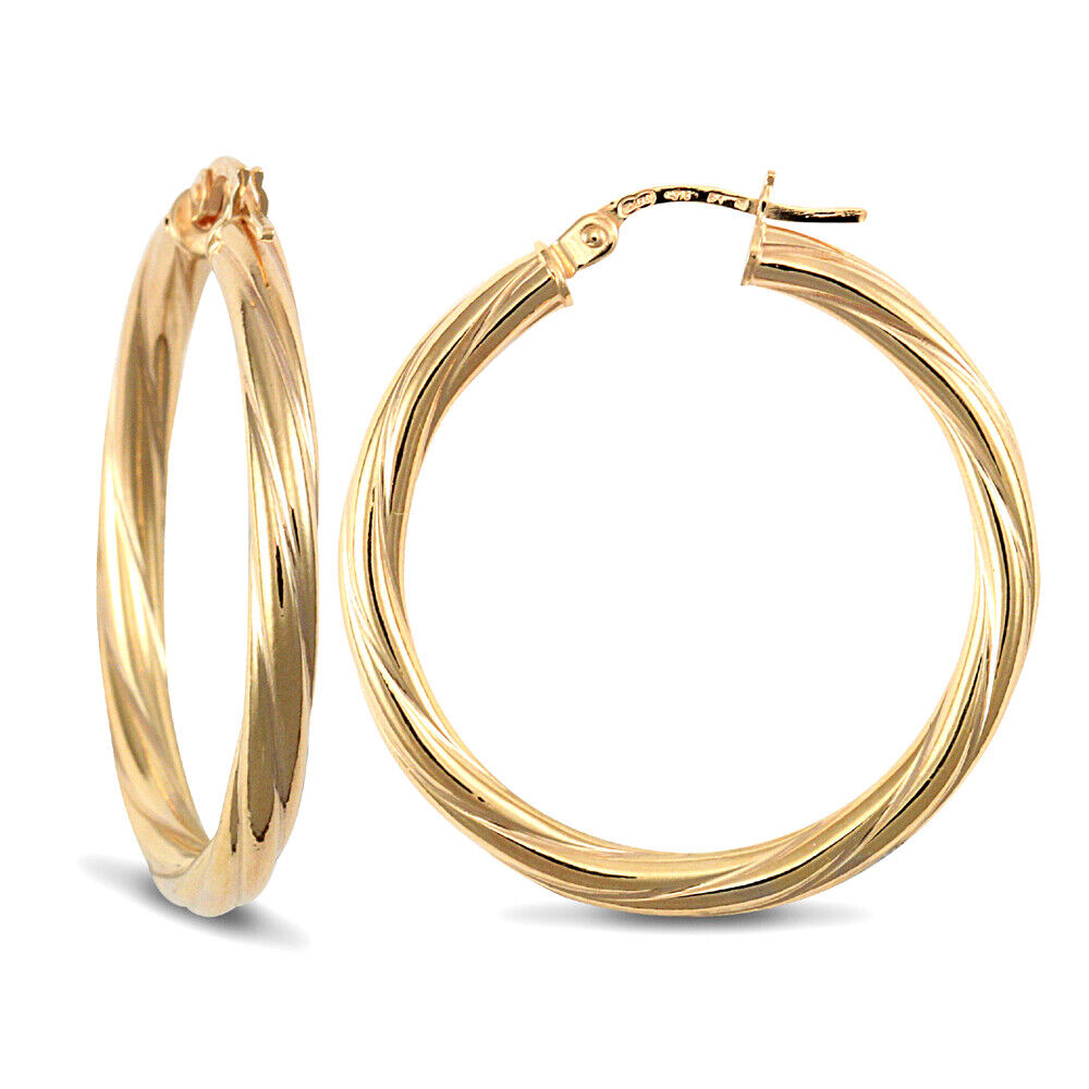 9ct Yellow Gold Twist Hoop Style Earrings British Made Hallmarked 30mm