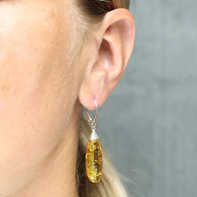 Lemon Amber Lozenge Drop Earrings With a Cone Top Solid Sterling Silver 925