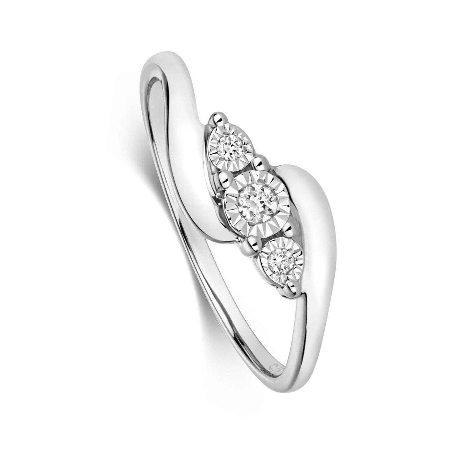 Real Diamond Three Stone Ring Solid White Gold Twist Trilogy Engagement