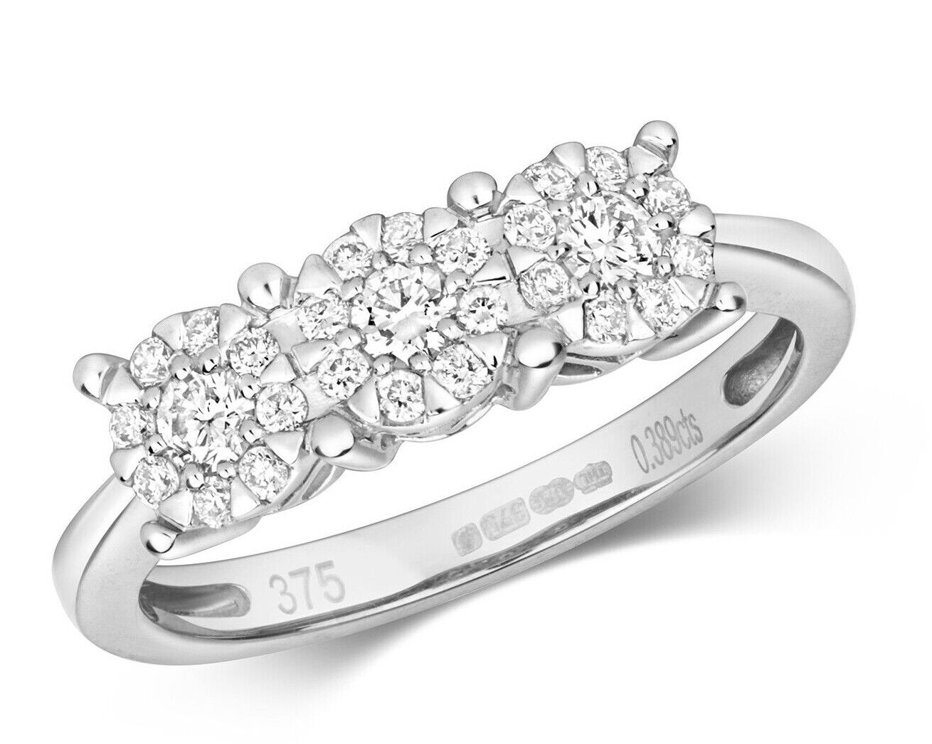 Real Diamond Trilogy Ring 9ct White Gold Three Cluster Engagement 0.39ctw