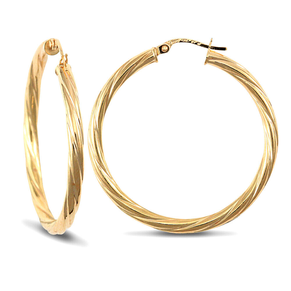 9ct Yellow Gold Twist Hoop Style Earrings British Made Hallmarked 35mm