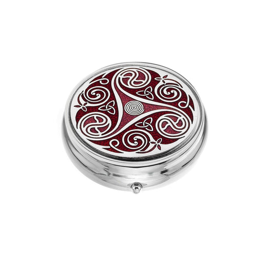 Large Pill Box Silver Plated Celtic Triskele Design Red Brand New & Boxed