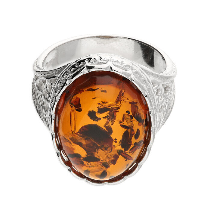 Cognac Amber Oval Ring Vintage Style Surround and Shoulders Sterling Silver 925