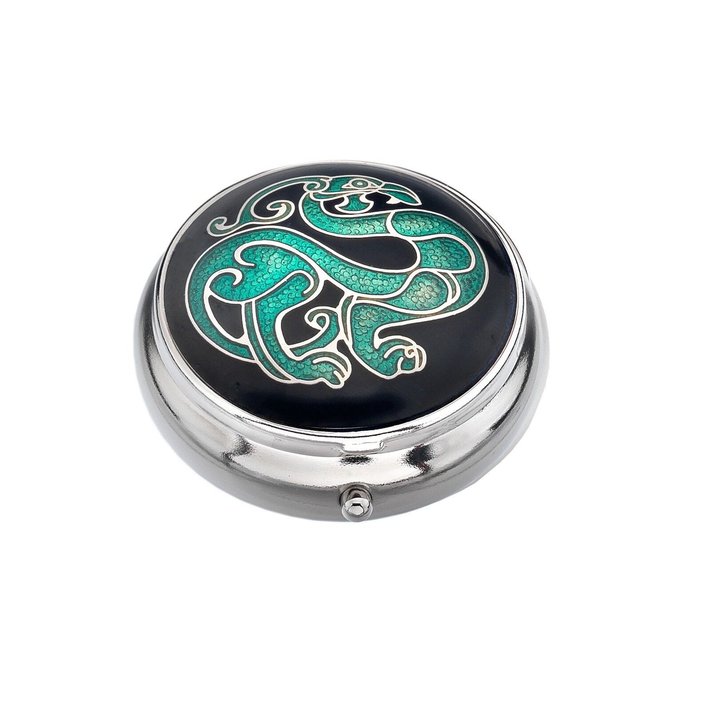 Pillbox Silver Plated Celtic Dragon and Bird Green Brand New and Boxed