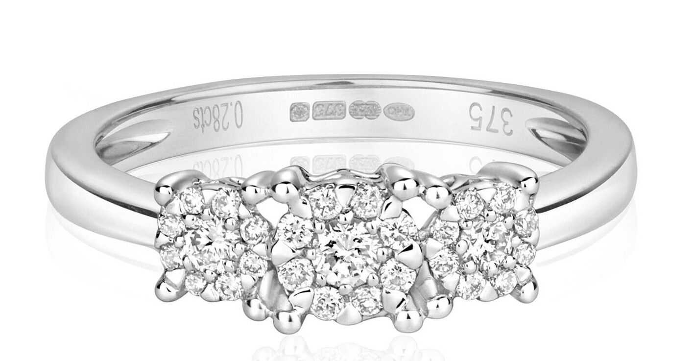Real Diamond Ring Three Stone Cluster Trilogy 9ct White Gold Engagement Size J-Q