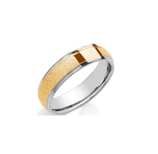6mm Court Wedding Ring 9ct White & Yellow Gold Sandblast Centre & Polished Edges