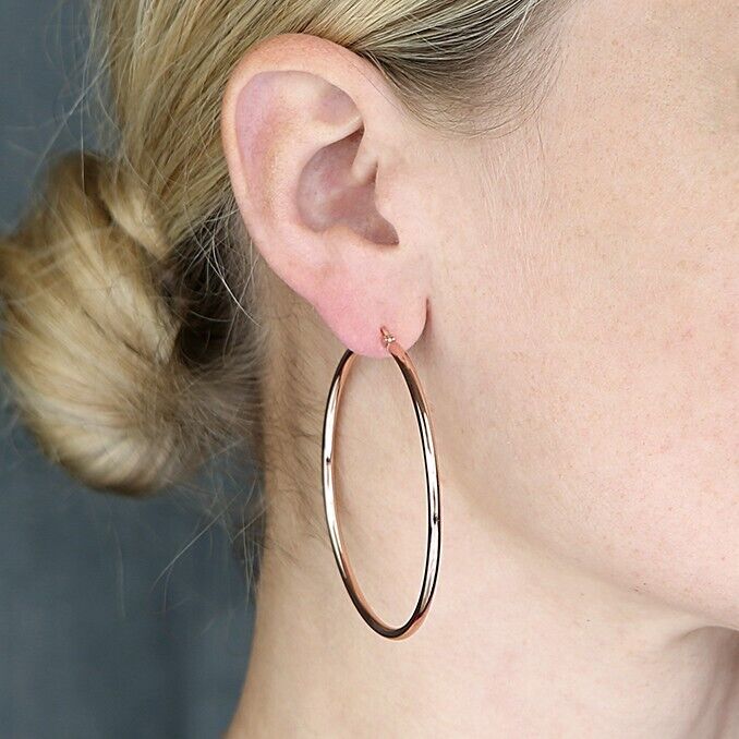 Large Hoop Earrings 60mm Tube Rose Gold on 925 Sterling Silver