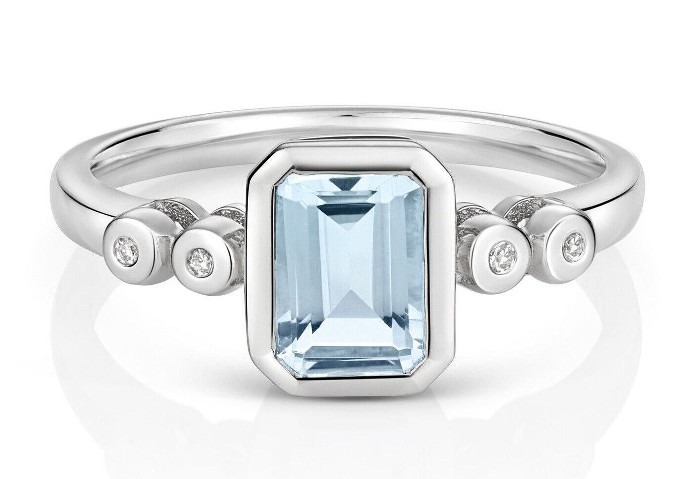 Real Aquamarine and Diamond Ring Solid White Gold Smooth Set Solitaire Size J-Q
