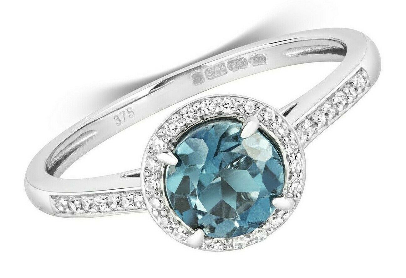 Real London Blue Topaz and Diamond Ring Solid White Gold Halo Cluster Size J-Q