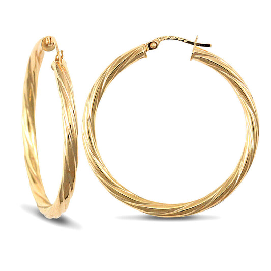 9ct Yellow Gold Twist Hoop Style Earrings British Made Hallmarked 35mm