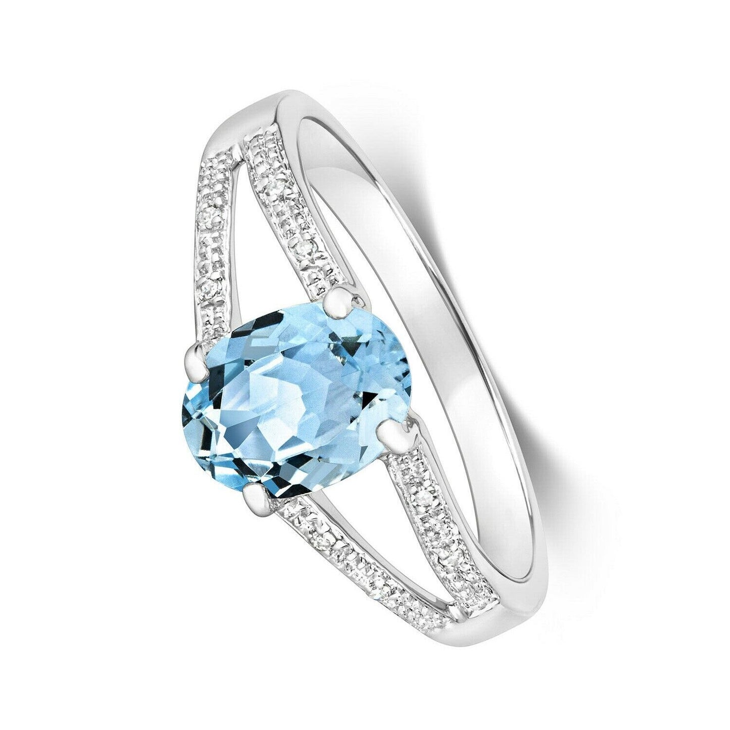 9ct White Gold Aquamarine and Diamond Ring Oval Solitaire Split Shoulder