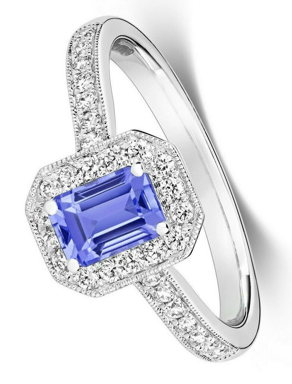 Real Tanzanite and Diamond Ring 9ct White Gold Emerald Cut Cluster Size J - Q