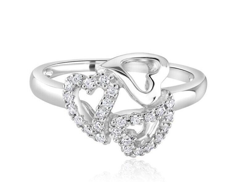 Real Diamond Three Heart Ring Solid White Gold Three Hearts Engagement