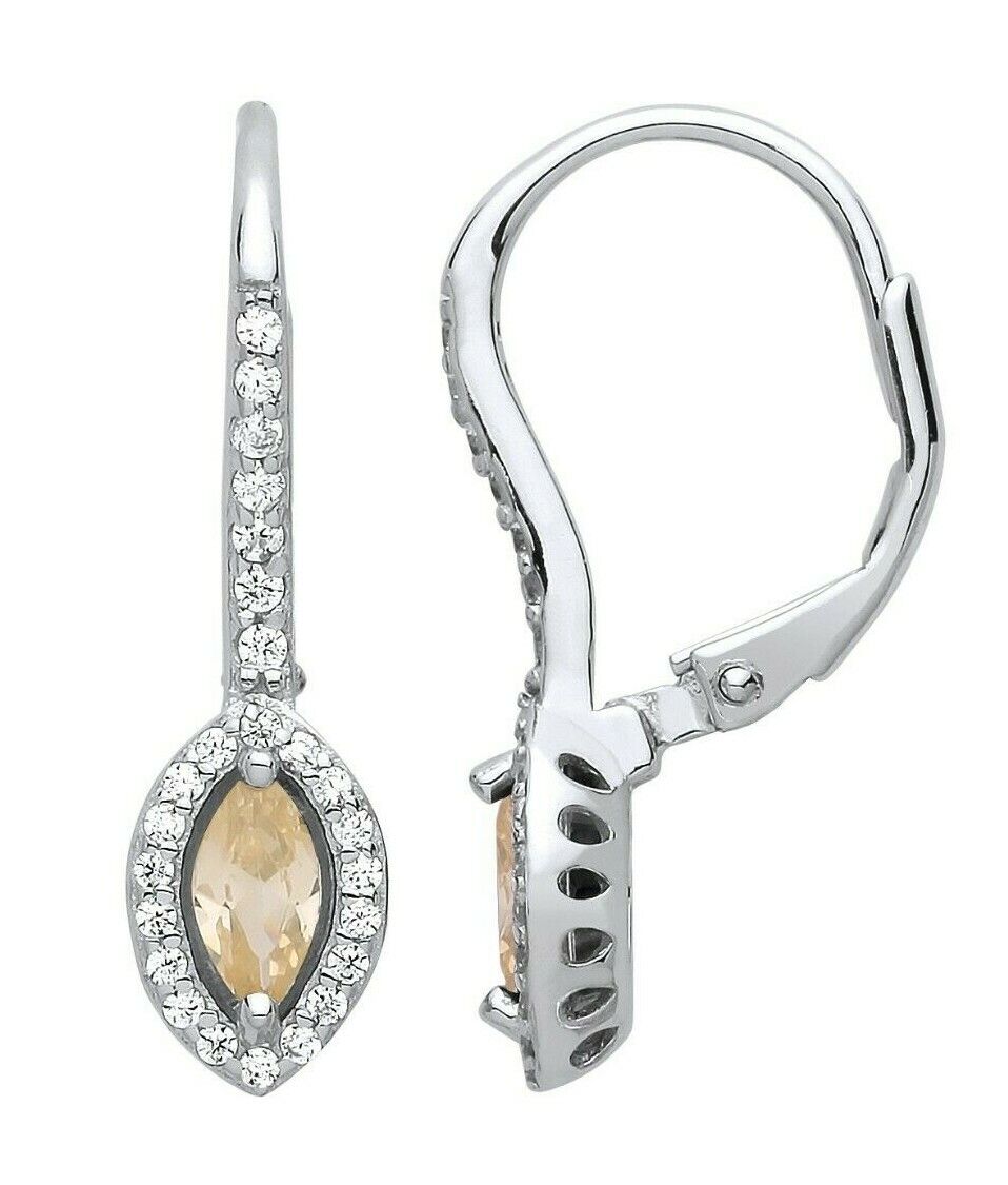 Citrine Marquise Hoop Drop Earrings Sterling Silver Rhodium Plate 925 Hallmark